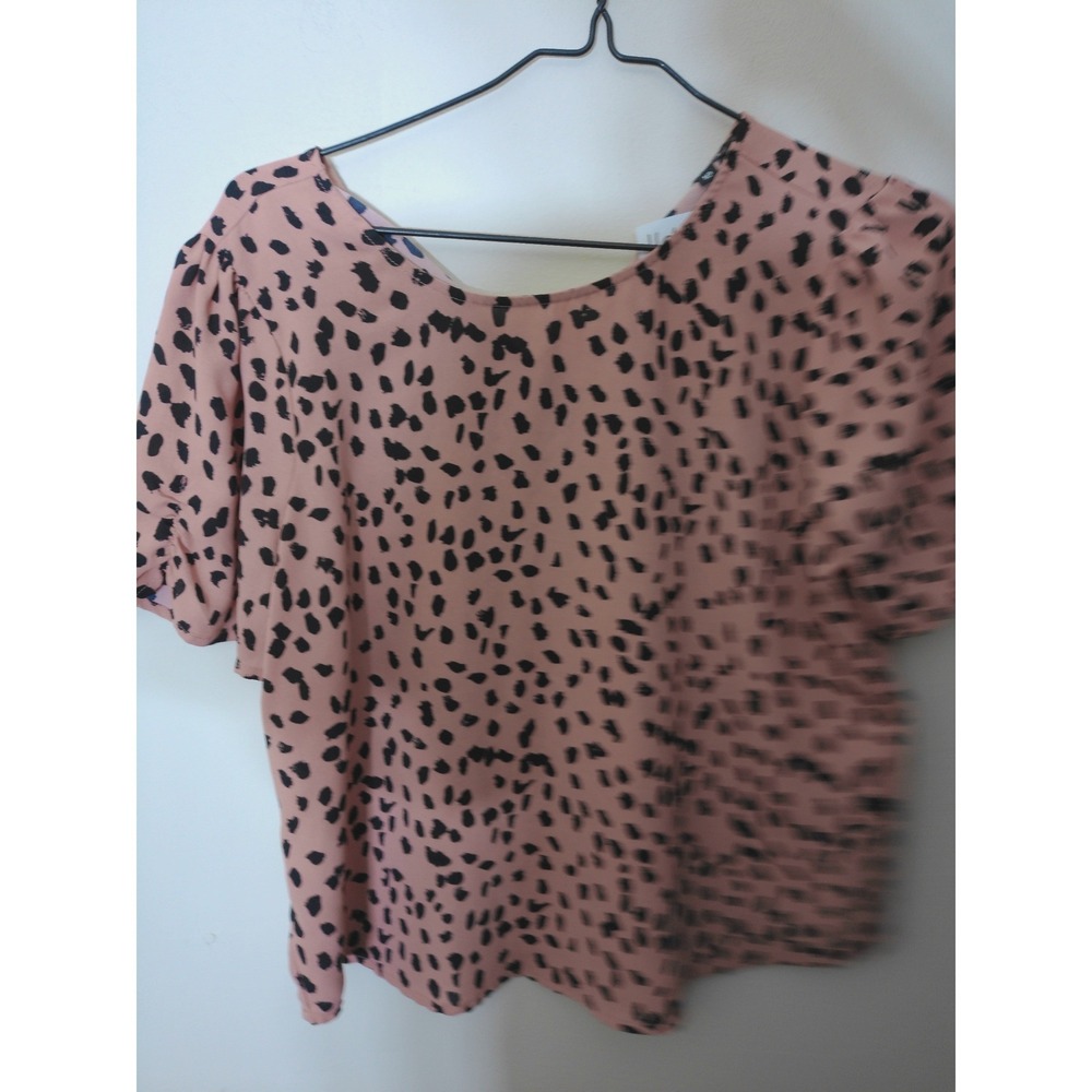 Paper Moon Blouse Womens MP Pink Dalmatian Print Short Sleeve Keyhole Back Chic